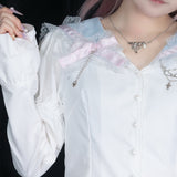 Swaying Heart Blouse White/Pastel Blue