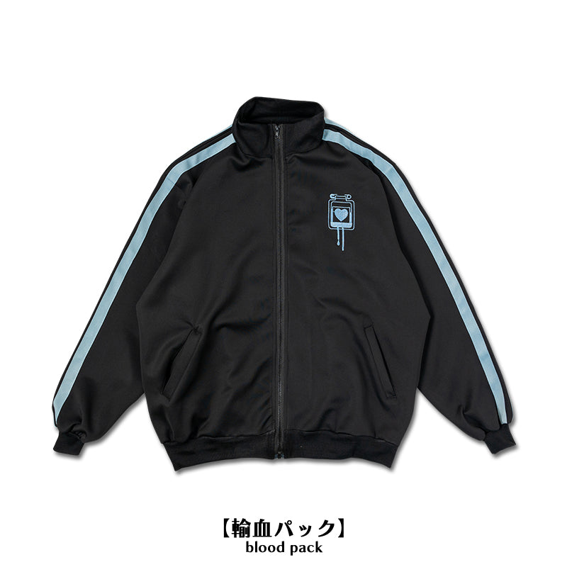 I read an image to a gallery viewer, Blood Pack/Pill Bottle Jersey Jacket Black/Pastel Blue